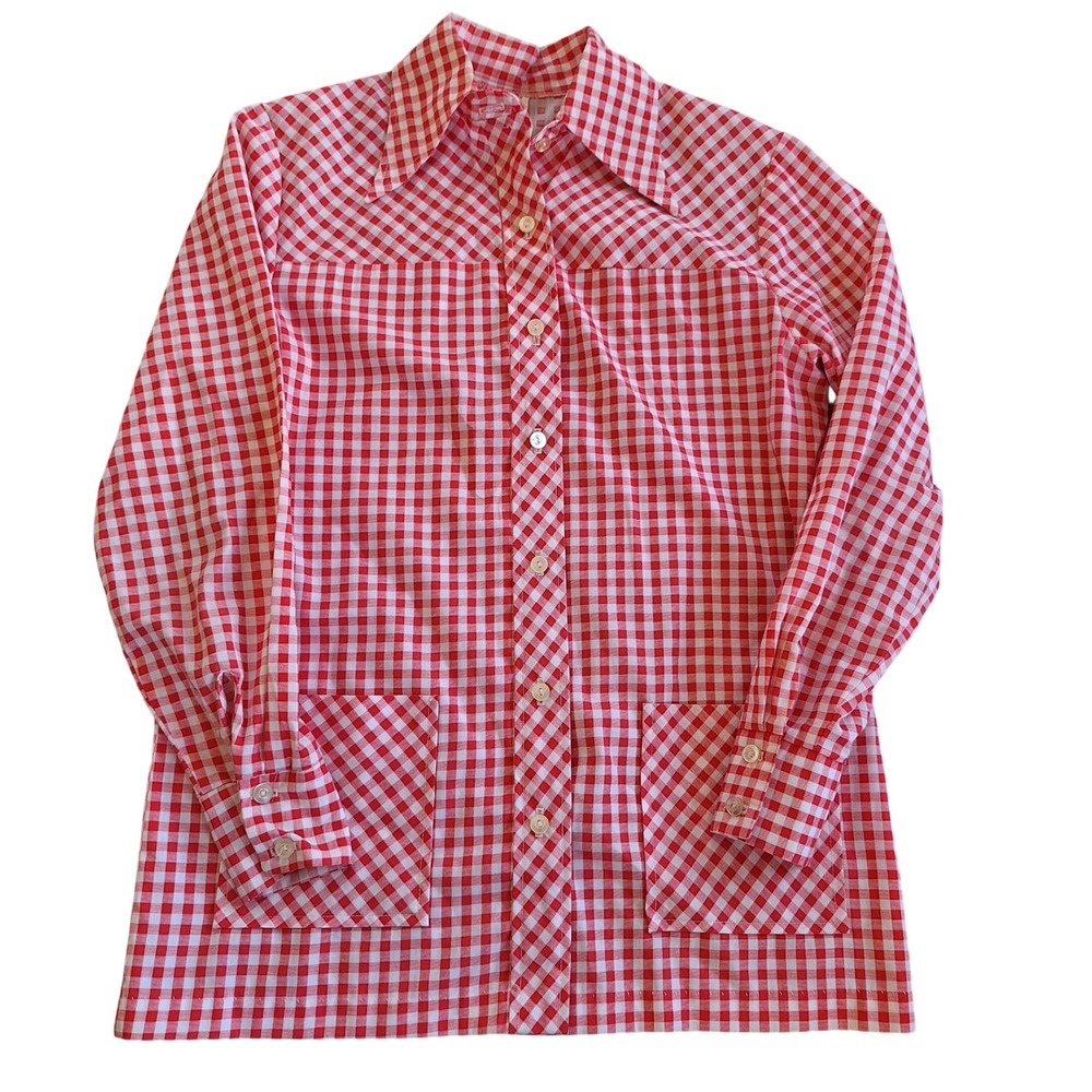 Sears Vintage 70s 80s Red Picnic Gingham Plaid Patch Pocket Chore Blouse Womens
